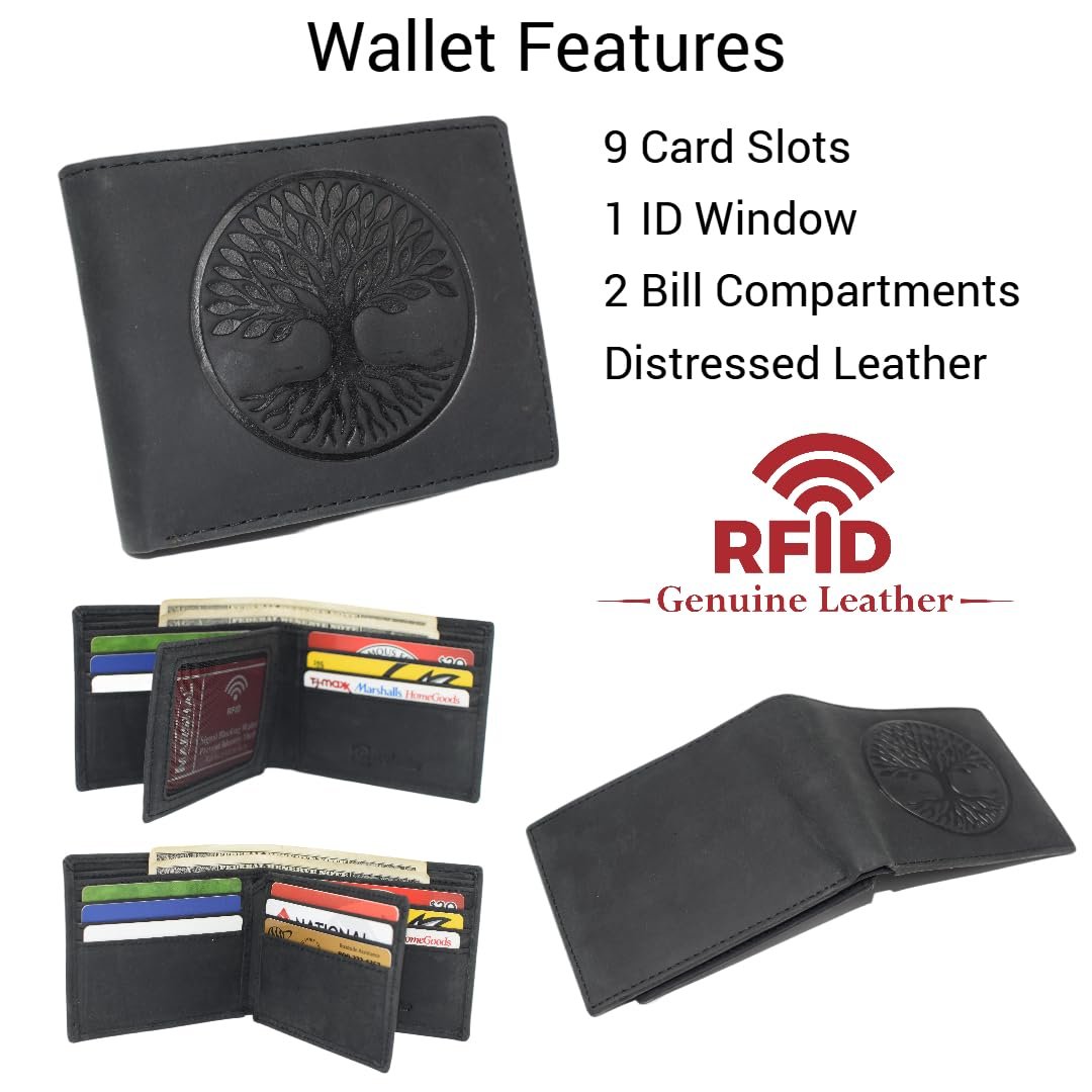 MARSHAL RFID Blocking Distressed Leather Bifold Wallet for Men with Tree of Life Design