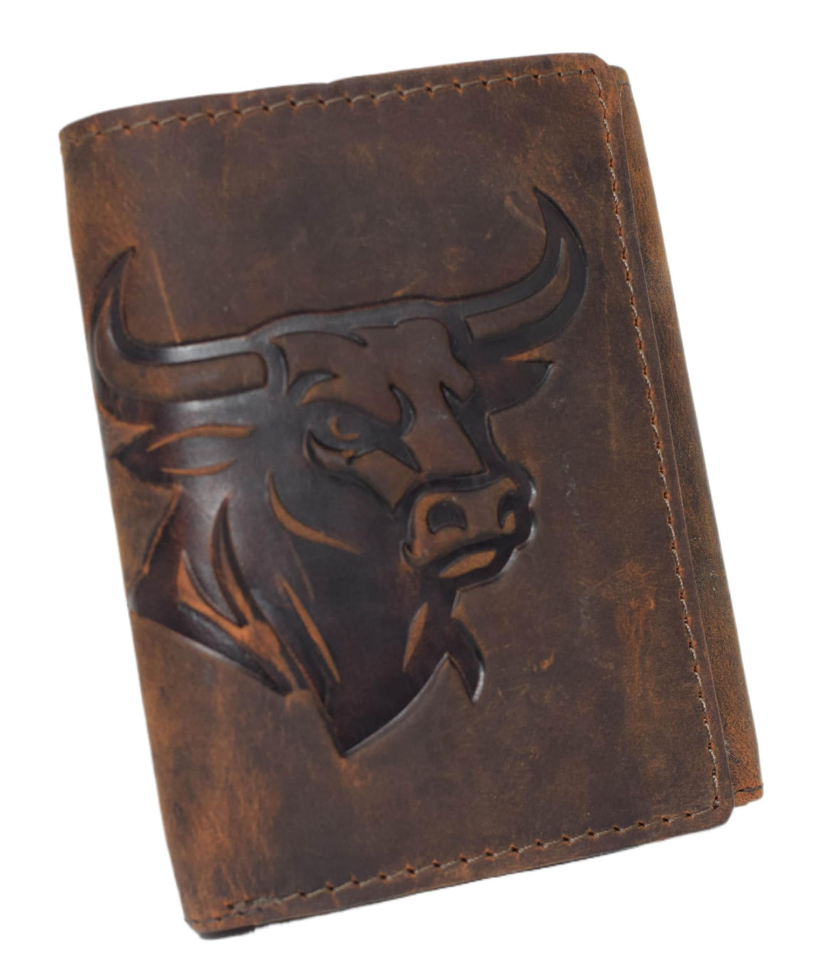 MARSHAL Vintage Biker Trifold Wallet for Men – RFID Blocking Genuine Leather Chain Wallet with Embossed Bull Head Design and Snap Closure