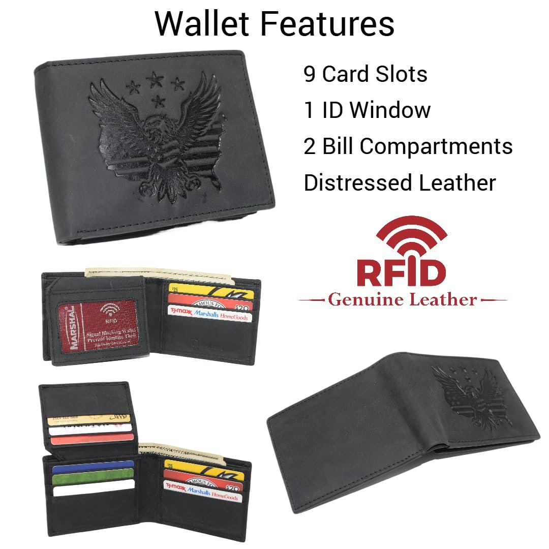 MARSHAL Men’s RFID Blocking Vintage Leather Patriotic Eagle & USA Flag Debossed Bifold Wallet
