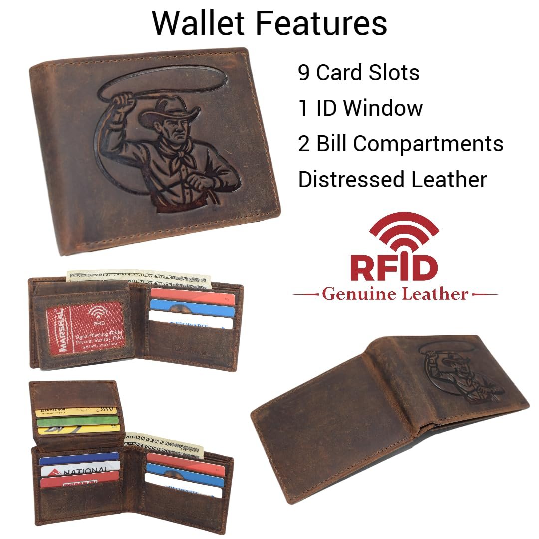 MARSHAL Cowboy Lasso Wallet for Men Western Bifold RFID Blocking Distressed Leather Western Wallet