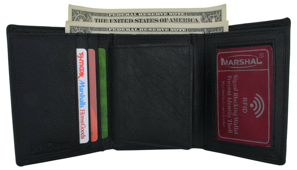 RFID Blocking Genuine Leather Trifold Badge ID Card Holder Wallet Black-menswallet