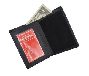 Leather Slim Thin Bifold ID Money Wallet Oval Shape Badge Holder Black-menswallet