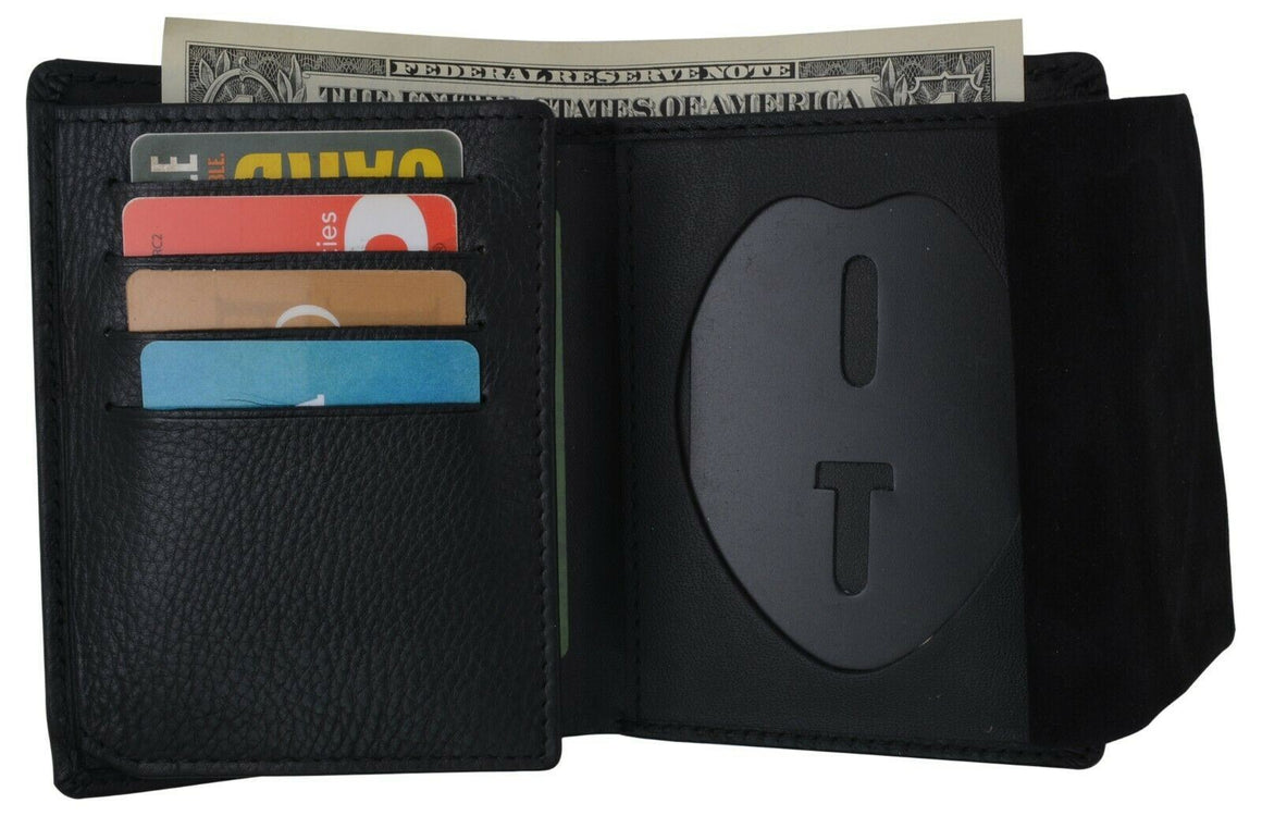 RFID Blocking Genuine Leather Black Trifold Badge Holder ID Wallet-menswallet