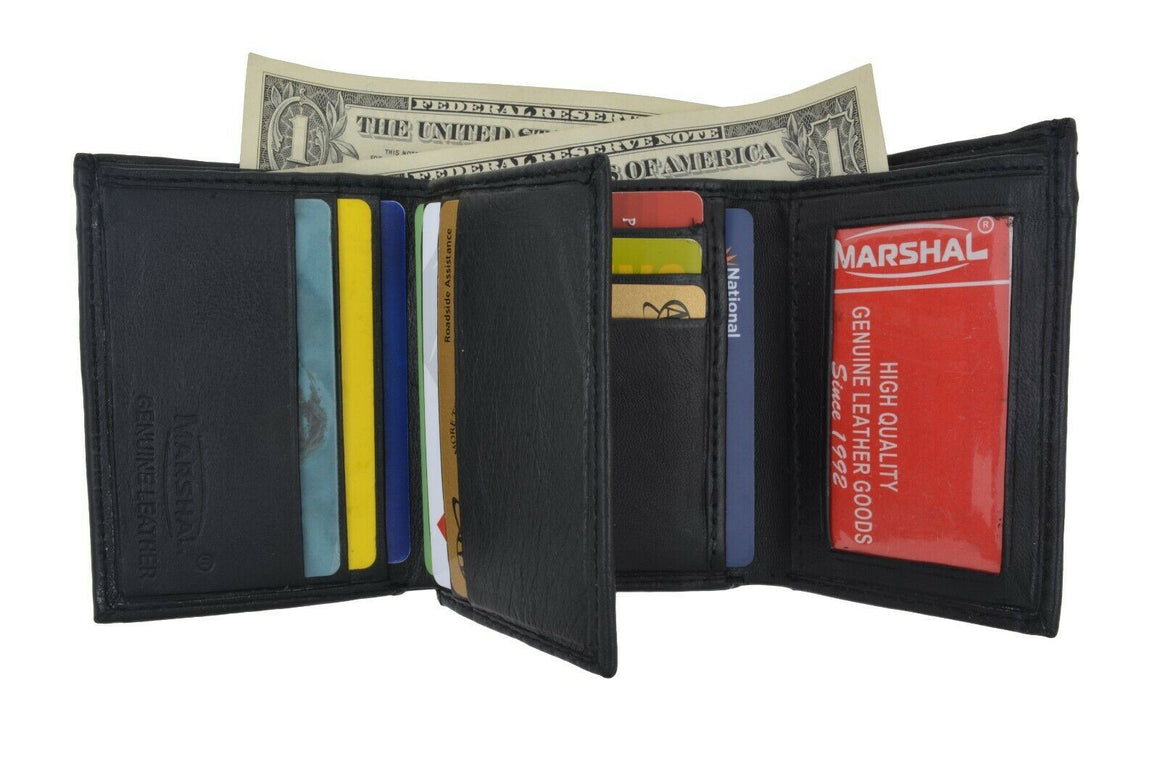 New Mens Black Genuine Leather Trifold Wallet ID Window Credit Card Case Holder-menswallet