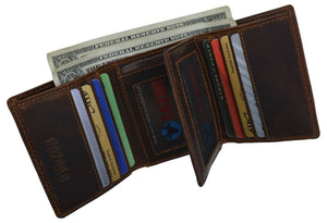 RFID Blocking Brown Vintage Leather Men's Trifold Center Flap Wallet-menswallet