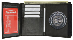 RFID Mens Genuine Leather Trifold Wallet with Security Badge Holder Black-menswallet