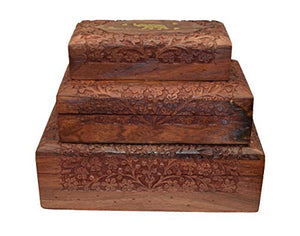 OM SHRI OM Set of 3 Handmade Wood Storage Jewelry Boxes Organizer Indian Artisans Handcrafted 3 Sizes Large Medium Small-menswallet