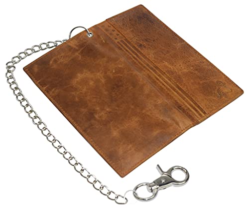 Leatherboss Men's Brown Hunter Leather Biker Long Chain Wallet With RFID Blocking Bifold