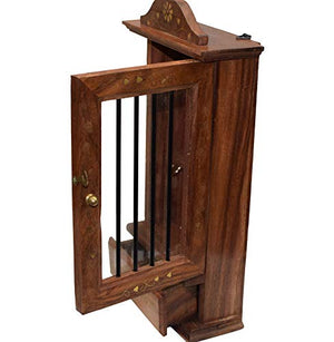 Deluxe Rosewood Handcrafted Wooden Key Cabinet with 6 Key Hooks and Glass Panel Storage Box-menswallet