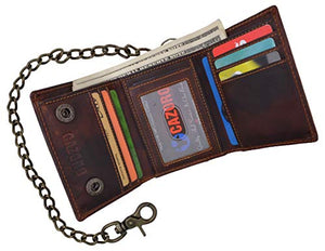 RFID Blocking Men's Tri-fold Vintage Leather Biker Chain Wallet With Snap Closure-menswallet