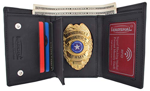 Genuine Leather RFID Blocking Badge Holder Wallet - Trifold With Snap (Black)
