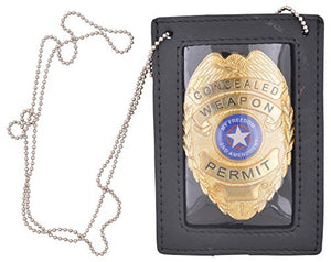 Genuine Leather Neck Chain Double ID Badge Holder, Black-menswallet