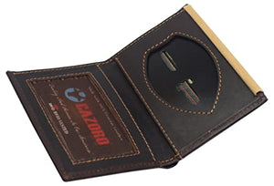 RFID Blocking Genuine Vintage Leather Bi-Fold Badge Holder Wallet Shield Style with ID window-menswallet