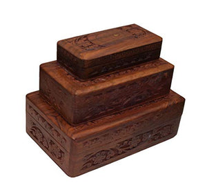OM SHRI OM Set of 3 Pieces Handmade Wood Jewelry Box Organizer Decorative Floral Design-menswallet
