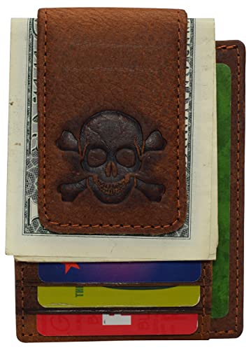 Front Pocket Magnetic Money Clip Wallet Leather Strong Magnet Skull Bone-menswallet