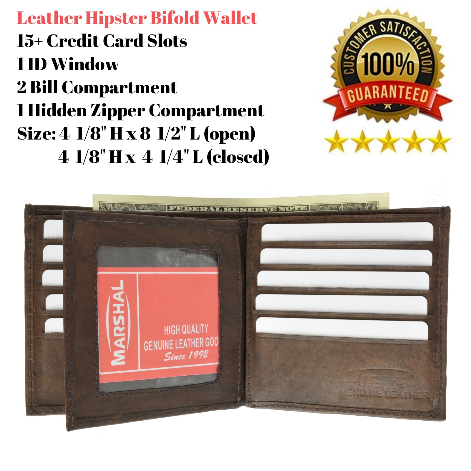 Mens Wallet with 15 Credit Card Slots Genuine Leather 501 Brown