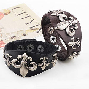 Marshal Black Mens Leather Bracelet Fleur de Lis Bangle Wristband Cuff Bracelets Team Adjustable Snap Button Closure-menswallet