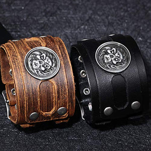Genuine Leather Handmade Wide Size Bracelet with Skull Head Charms Snap Button Clasp New Men's Bangle Jewelry Bracelet-menswallet