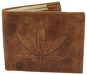 Genuine Leather Men's Marijuana Leaf Logo RFID Blocking Bifold Wallet-menswallet