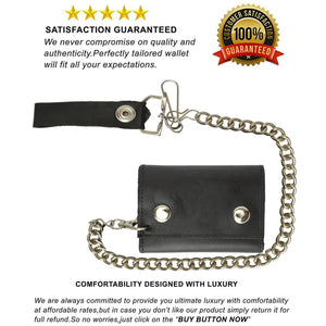 Black Genuine Leather Biker's Wallet Card Holder w/ Chain Trifold New-menswallet