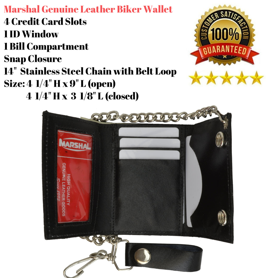 Marshal Genuine Leather Men's Trifold Wallet with Chain Biker Trucker Black-menswallet