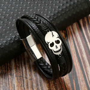 Skull Leather Bracelet Men's Personalized Multi-layer Woven leather Bracelet with Magnetic Clasp for Men-menswallet