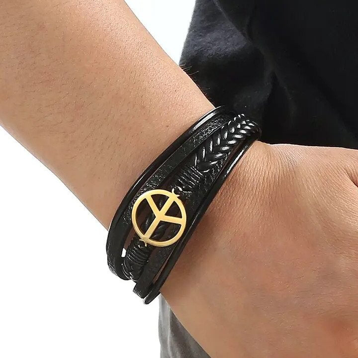 Marshal Peace Sign Mens Leather Bracelet with Clasp Cowhide Multi-Layer Braided Leather Mens Bracelet