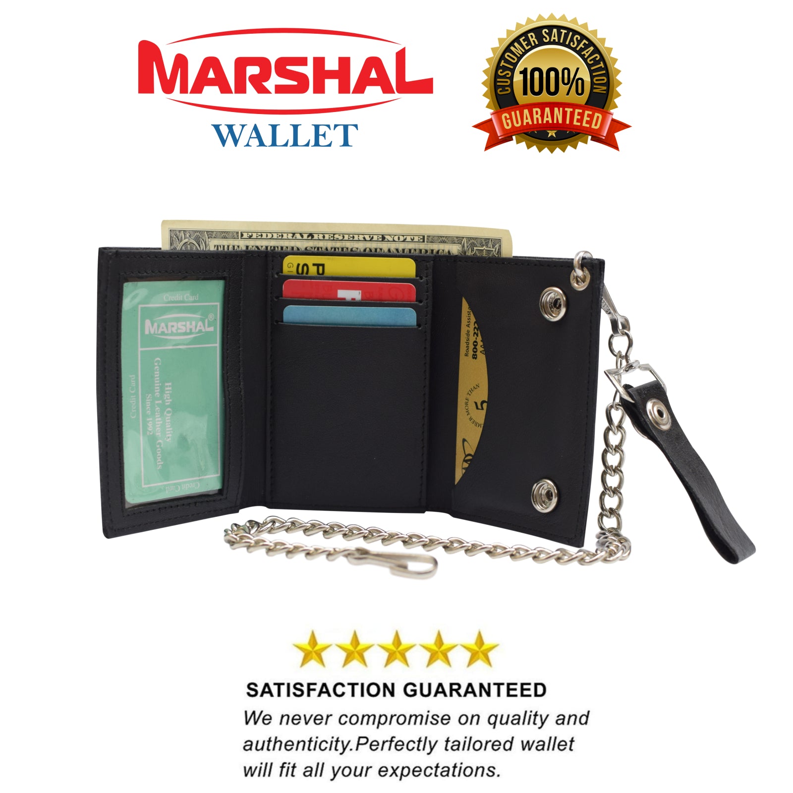Men's Genuine Leather Black Trifold Wallet with Chain Biker Trucker Motorcycle-menswallet