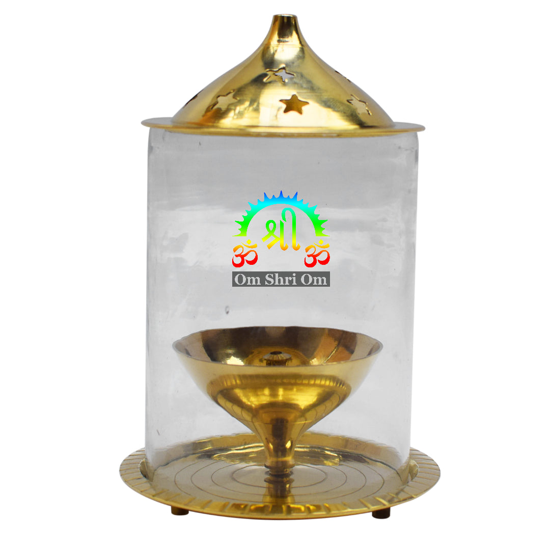 OM SHRI OM Pure Brass Indian Oil Lamp Akhand Diya Glass Stand Deep Diwali-menswallet