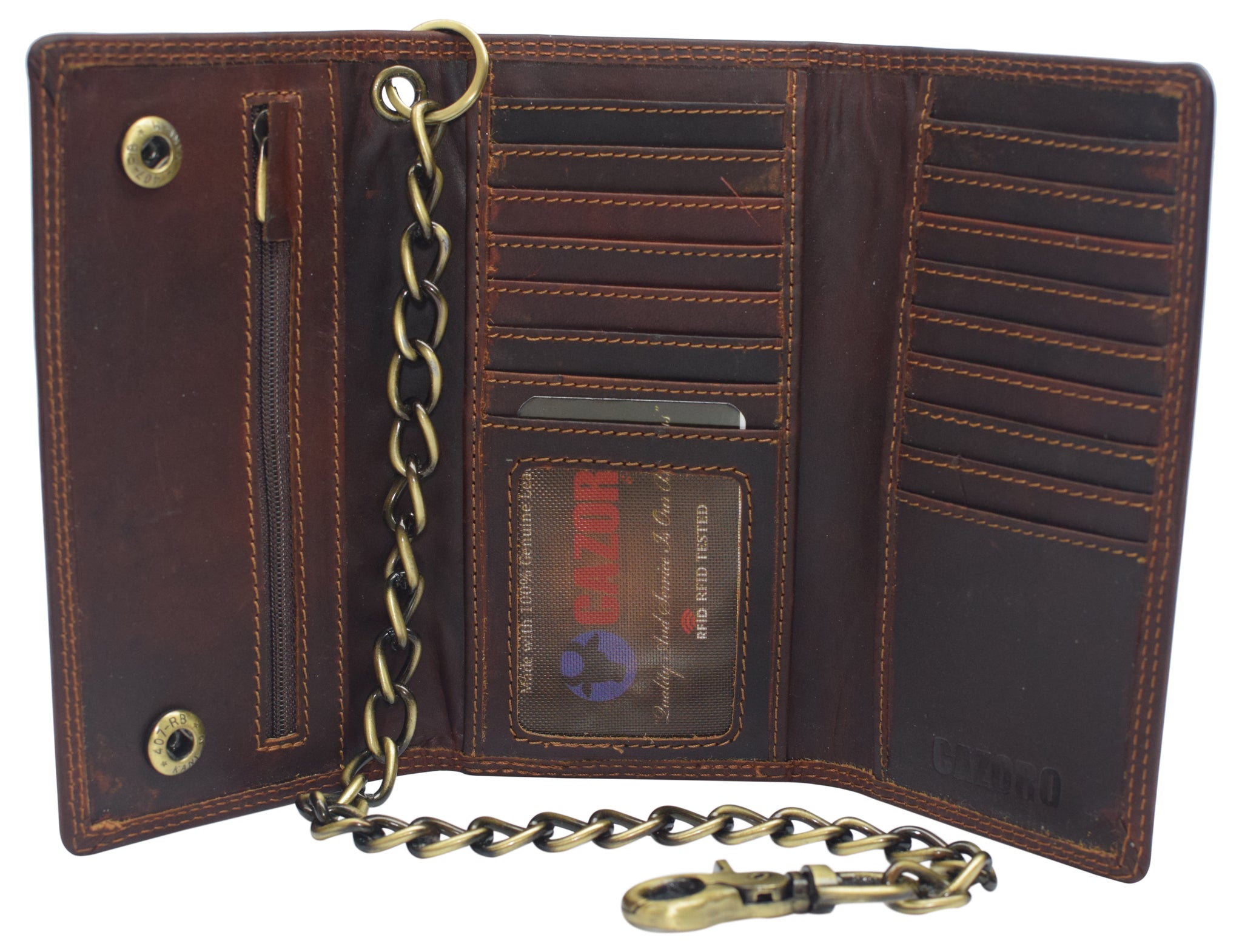 Genuine Cowhide Leather Biker Wallet - RFID Blocking, Long Chain, Trifold