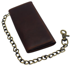 Bikers RFID safe Cow Leather Crazy Horse Brown Long Checkbook Trifold Chain Wallet for Men Vintage Texture style-menswallet