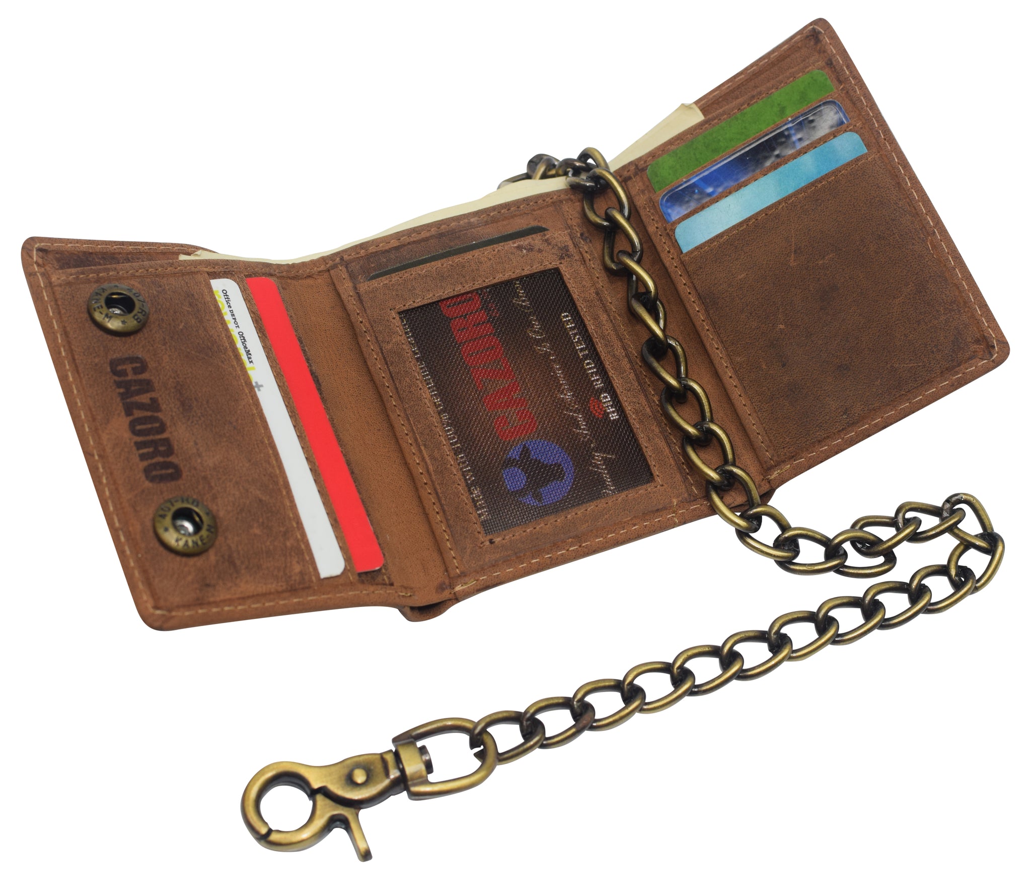 Cazoro Crazy Horse Leather RFID Trifold Chain Wallet Men's