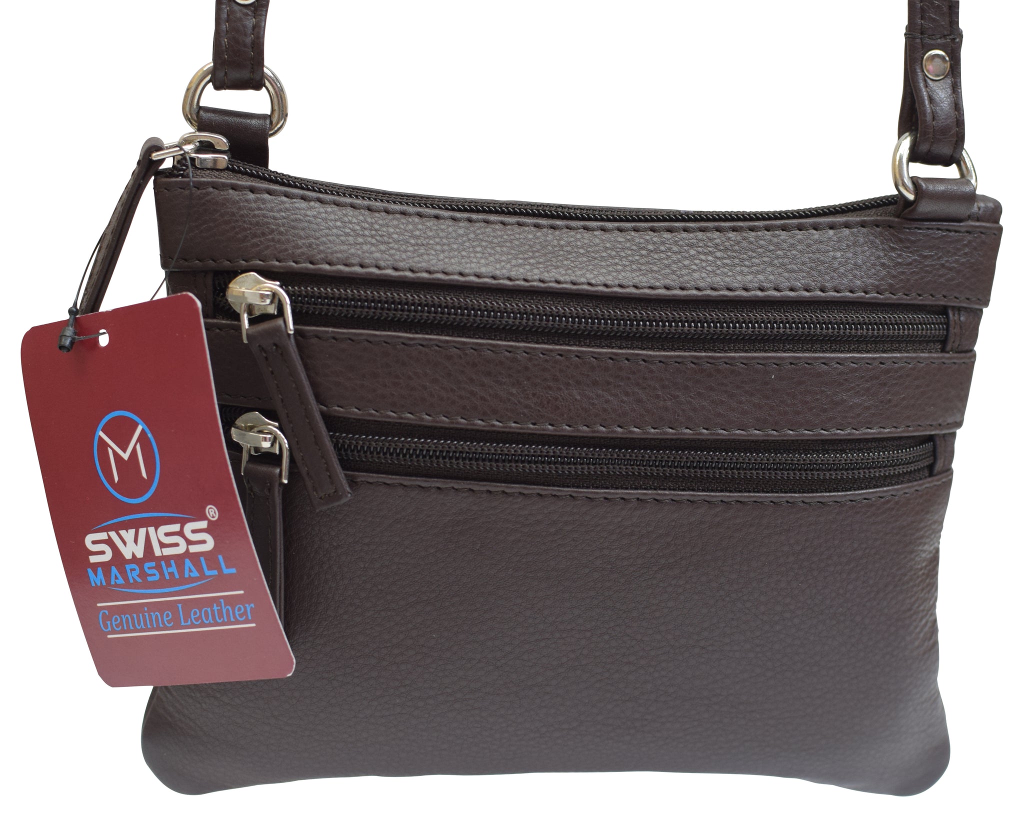 Swiss Marshall Genuine Leather Crossbody Handbag - Solid Colors, Adjustable Strap