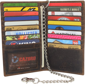 RFID Blocking Bifold Vintage Leather Credit Card ID Holder Long Steel Chain Wallet-menswallet
