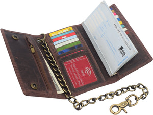 RFID Blocking Mens Tri-fold Long Style Krazy Horse Leather Steel Chain Wallet-menswallet