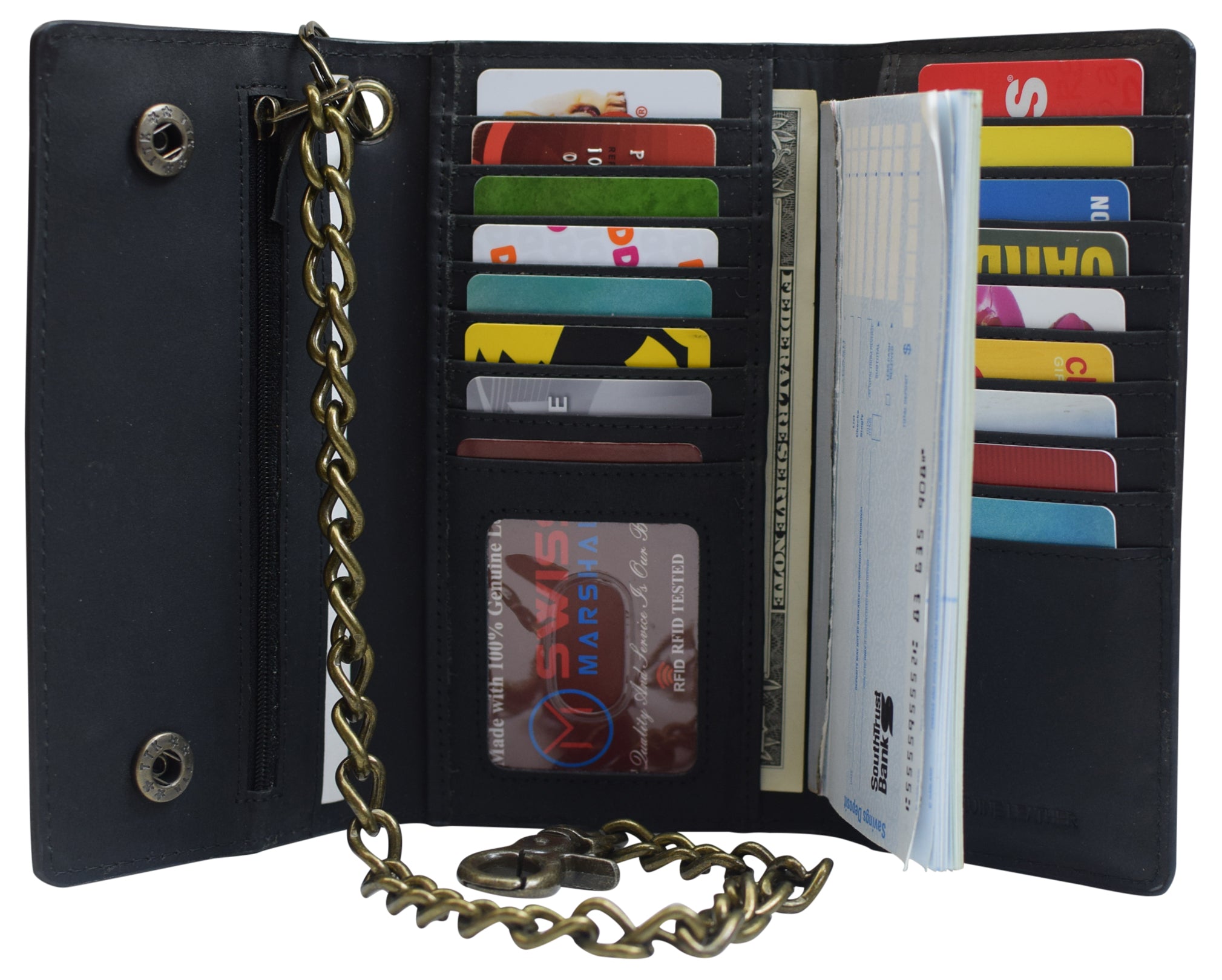 Marshal Genuine Leather RFID Blocking Trifold Wallet – Biker Style With Long Chain (Black)