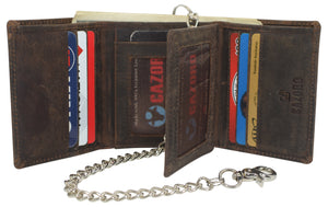 CAZORO Men's RFID Blocking Chain Biker Vintage Genuine Leather Classic Trifold Wallet for Men-menswallet