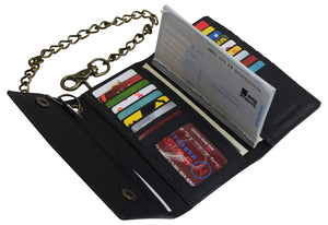 Men's RFID Signal Blocking Biker's Vintage Black Leather Long Tri-fold Chain Checkbook Card ID Wallet-menswallet