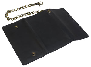 Men's RFID Signal Blocking Biker's Vintage Black Leather Long Tri-fold Chain Checkbook Card ID Wallet-menswallet