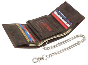 CAZORO Men's RFID Blocking Chain Biker Vintage Genuine Leather Classic Trifold Wallet for Men-menswallet