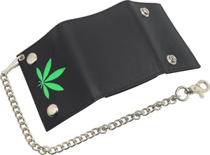 Marijuana Leaf Men's Tri-fold Biker Cowhide Leather RFID Blocking Steel Chain Wallet Snap closure-menswallet
