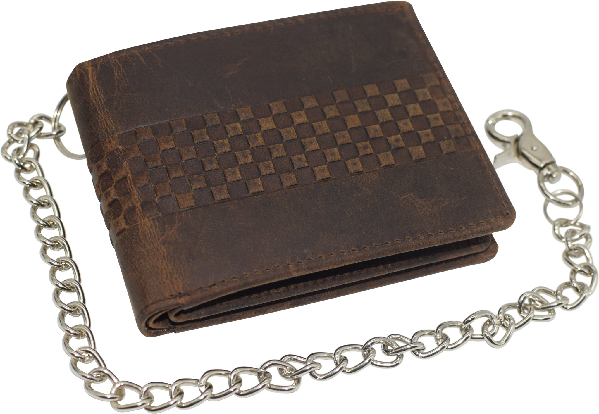 Cazoro RFID Blocking Men's Bi-Fold Style Cowhide Leather Steel Chain Wallet, Genuine Vintage Leather Logo Brown