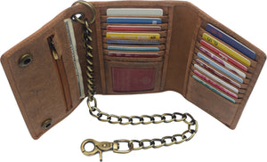 RFID Blocking Mens Tri-fold Long Style Krazy Horse Leather Steel Chain Wallet-menswallet