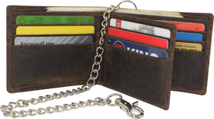 CAZORO RFID Blocking Men's Bi-Fold Style Cowhide Leather Steel Chain Wallet, Genuine Vintage Leather-menswallet