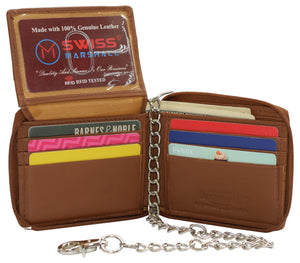 Men's Zipper RFID Blocking Premium Leather Zip-Around ID Bifold Biker Chain Wallet-menswallet