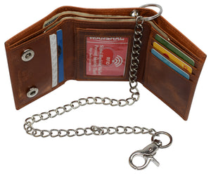 RFID Blocking Men's Tri-fold Leather Biker Silver Chain Wallet With Snap Closure-menswallet