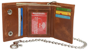 RFID Blocking Men's Tri-fold Leather Biker Silver Chain Wallet With Snap Closure-menswallet