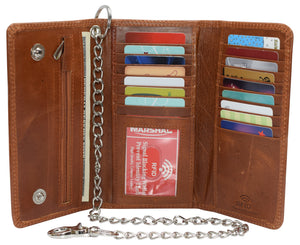 RFID Blocking Men's Tri-fold Vintage Long Style Cow Leather With Chain card holder Wallet-menswallet