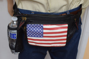 Genuine Leather USA Flag Fanny Pack with Bottle Holder, America Stars & Stripes Waist Bag-menswallet