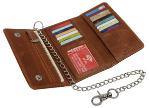 Men's RFID Signal Blocking Biker's Vintage Leather Long Tri-fold Silver Chain Checkbook Card ID Wallet-menswallet